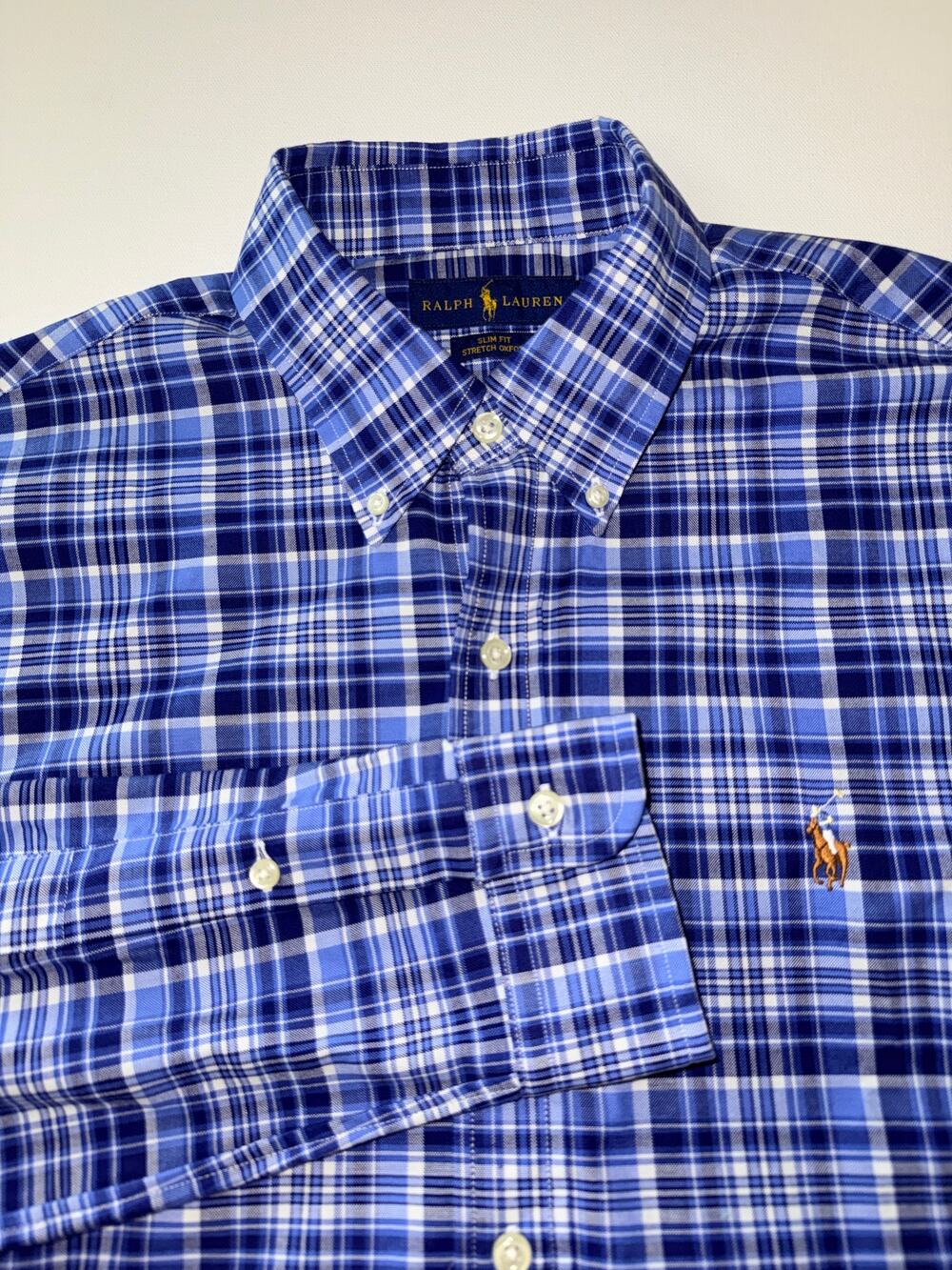 Ralph Lauren Slim Fit Stretch Oxford Shirt Men's M Blue Plaid Pony Button Down